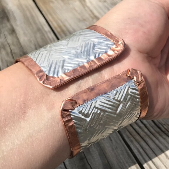 Woven Weave Embossed Sterling Silver 925 Copper Cuff Wide Rustic Handmade - Picture 7 of 13